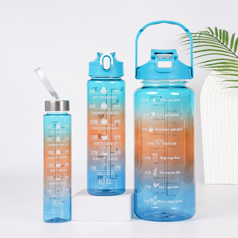 3-in-1 Gradient Color Motivational Water Bottles Set Plastic Straw Double Drink Translucent Outdoor Sports Bottle